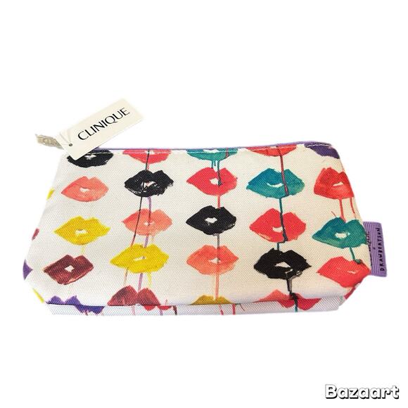 CLINQUE X DRAWBERTSON White Multi Color Lips Kiss Zip Up Make-up Travel Bag NWT - Picture 1 of 5